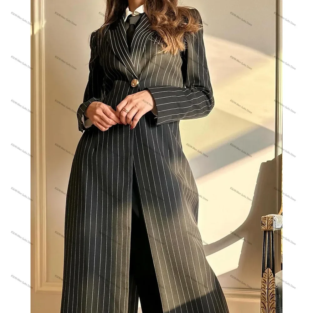 Muslim Black Stripe Women\'s Abayas One Button Peak Lapel 1 Piece Jacket Slim Fit Casual Office Long Coat Elegant Muslim Clothing