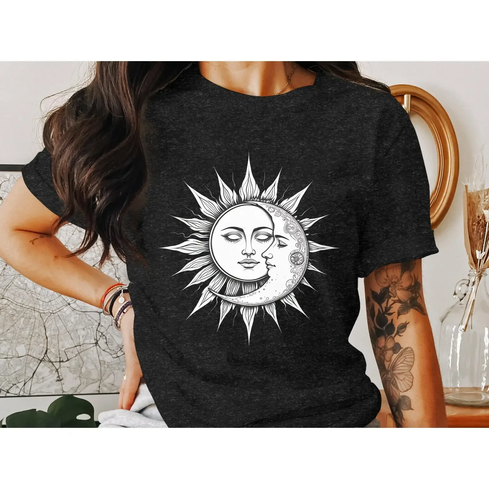 Sol y Luna PNG, Clipart Celestial, Místico, Espiritual, Descarga Digital, Arte Vintage, Camiseta Lavada para Hombre, para Uso Diario
