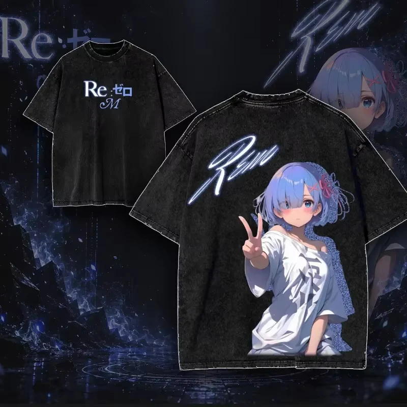 Rem Re ZERO Starting Life in Another World Graphic Print T-shirt Men Women Retro Washed O-neck Cotton Loose Casual Oversize Top