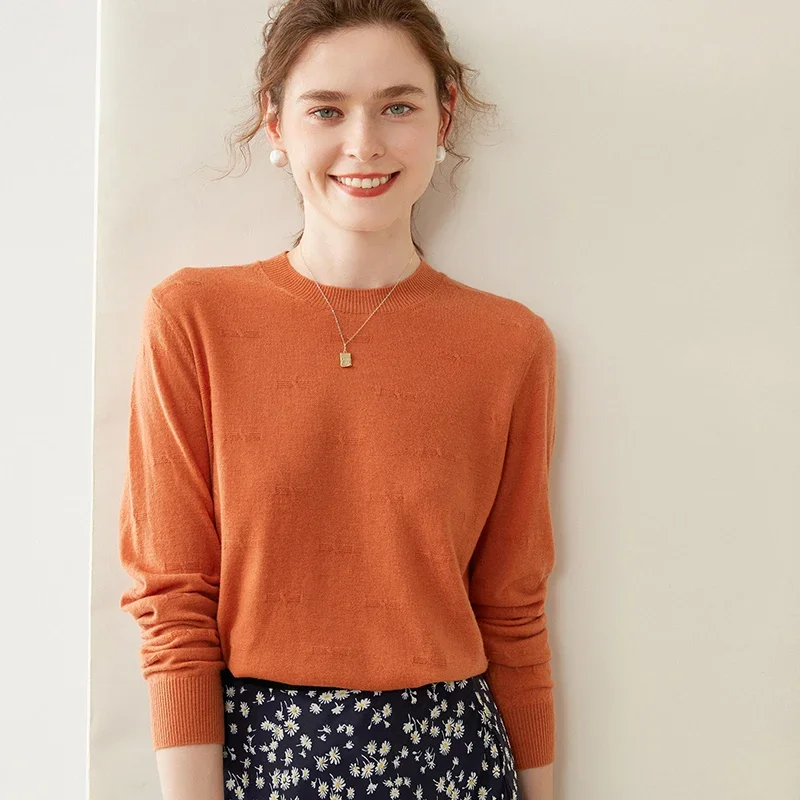 Spring And Summer Women 100% Worsted Wool Knitting Pullovers O-neck Computer Jacquard Thin Money Sweater Ladies Solid Top