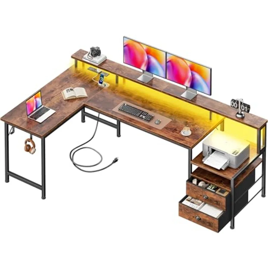 66'' L Shaped Computer Desk with Storage Drawers, Power Outlet, LED for Home Office, Engineered Wood, White, Space-Saving Desig