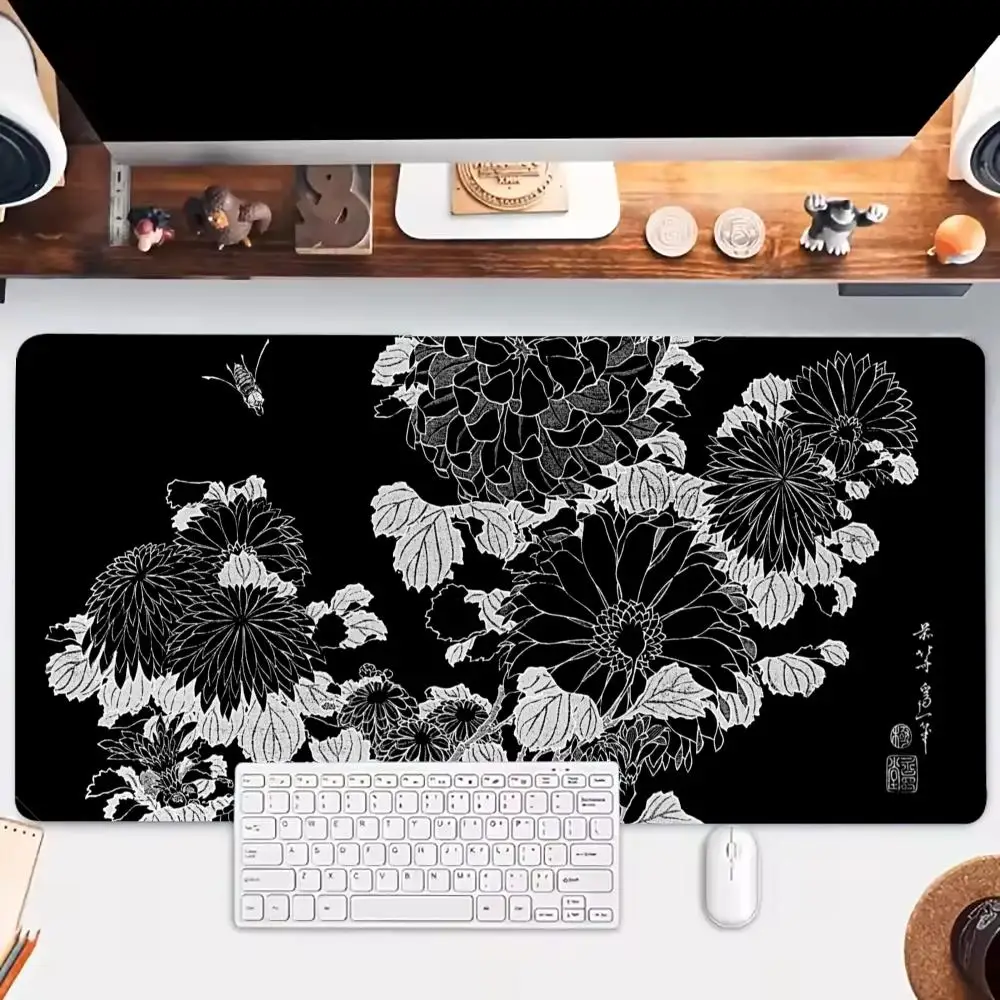 

Black and white floral pattern Mouse Pad Large Table Cushion Gaming Office Accessories Mousepads Non-slip Laptop Tablet Mat PC