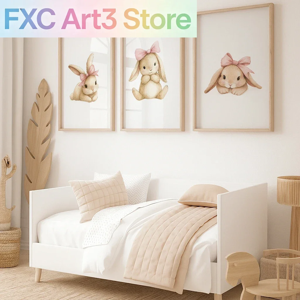 3-teiliges Set, rahmenlos, Leinwanddruck mit Hasenmotiv für Babys, Mädchen, mit rosa Schleife, Waldhasen-Tier-Oster-Wandkunst-Poster für Babyzimmer