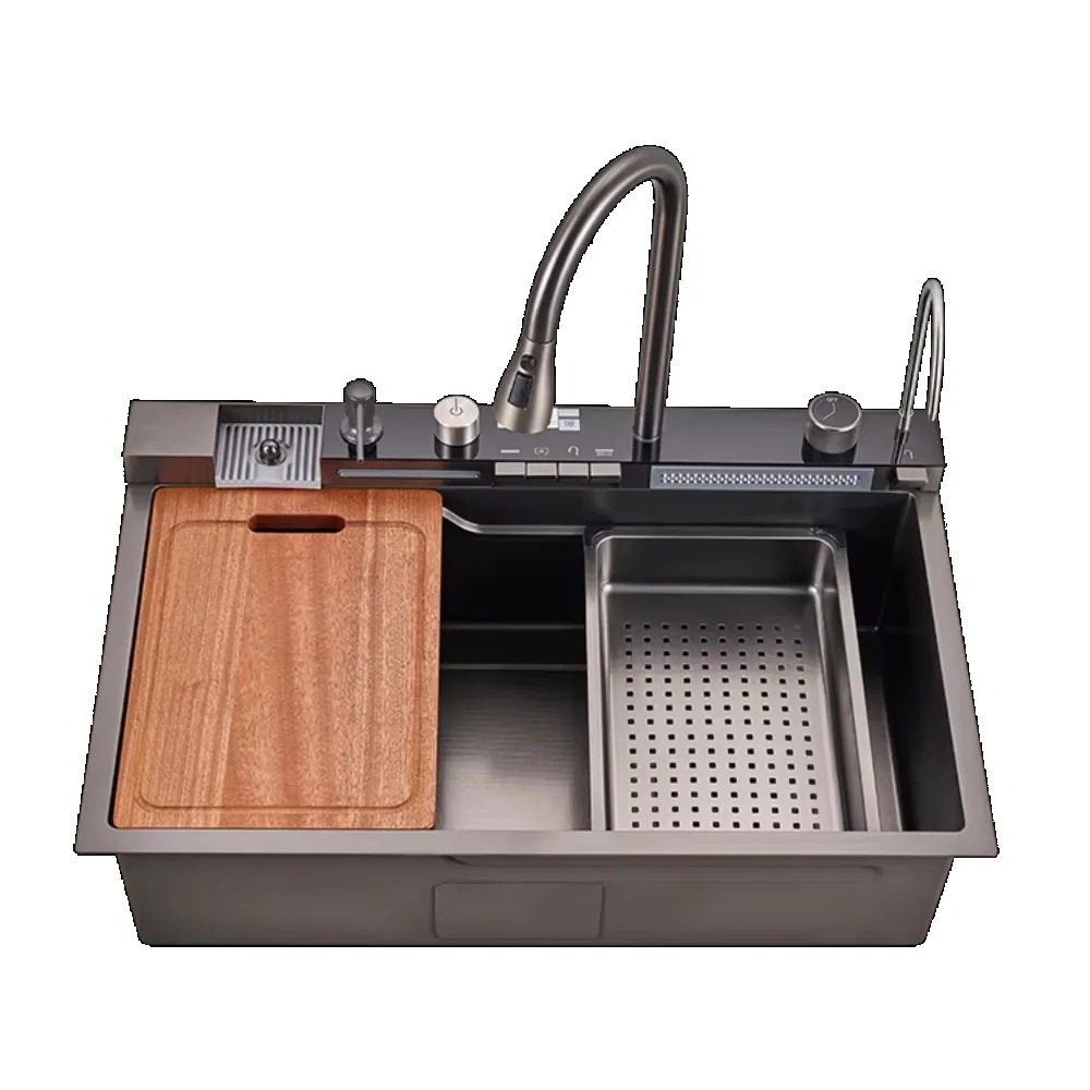 

New Trend 304 SS Multifunctional One Piece Automatic Cup Washer Piano Digital Display Two Waterfall Faucet Kitchen Sinks