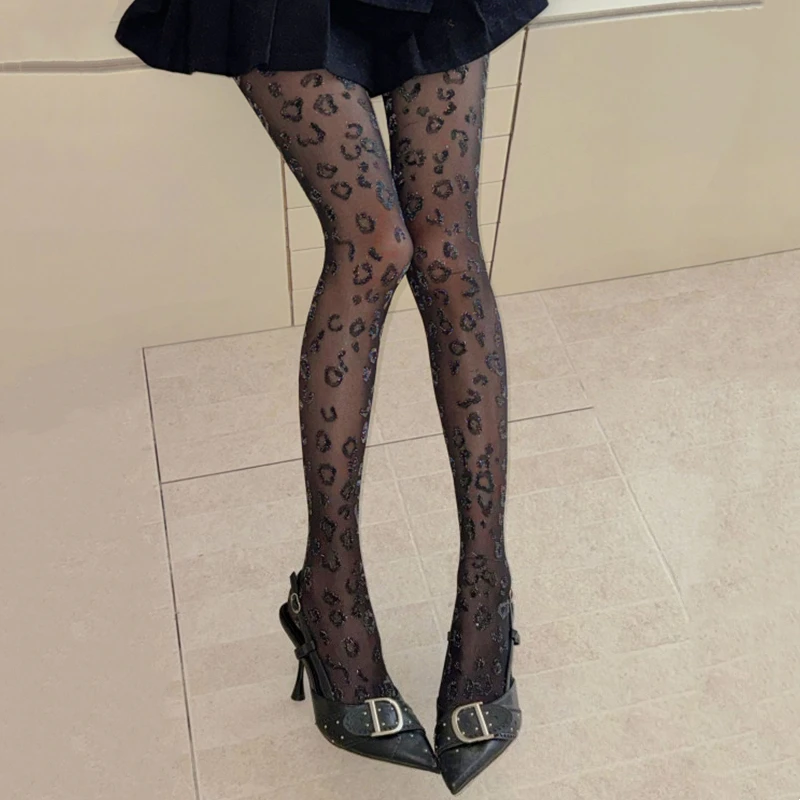 New Pantyhose Women Tights Sexy Leopard Print Jacquard Thigh High Stockings Pantyhose Retro Lingerie Slim Stockings Black Tights