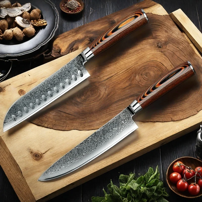 Damascus Steel Kitchen Knives 67 Layer Chef Knife Japanese Santoku Damascus 8 Inch Chef Knife  Knives Set Utility Paring Knife