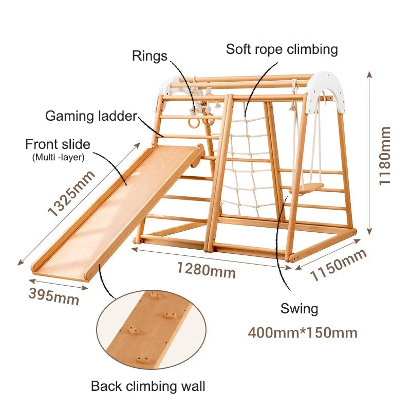 Indoor children playground baby kids solid wood climbing frames toy set with wooden slide swing rock climbing