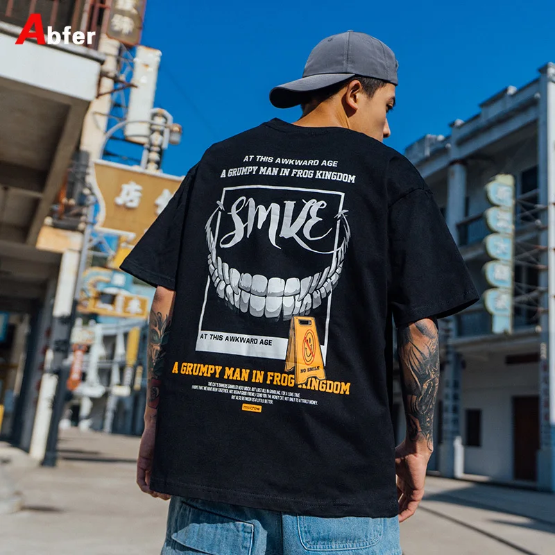 Abfer Oversized T-shirt Hip Hop Smile Face T-shirts Manga Harajuku Men Graphic Oversize Men's Couples Printed Tops Tees Clothing