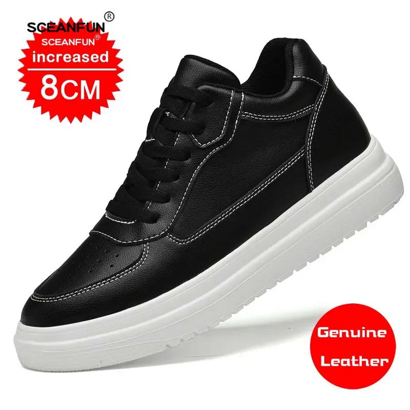 Sapatilhas brancas de couro genuíno para homens, altura invisível crescente sapatos, tênis casual de esportes elevador respirável, tênis de tabuleiro, 6cm,8cm