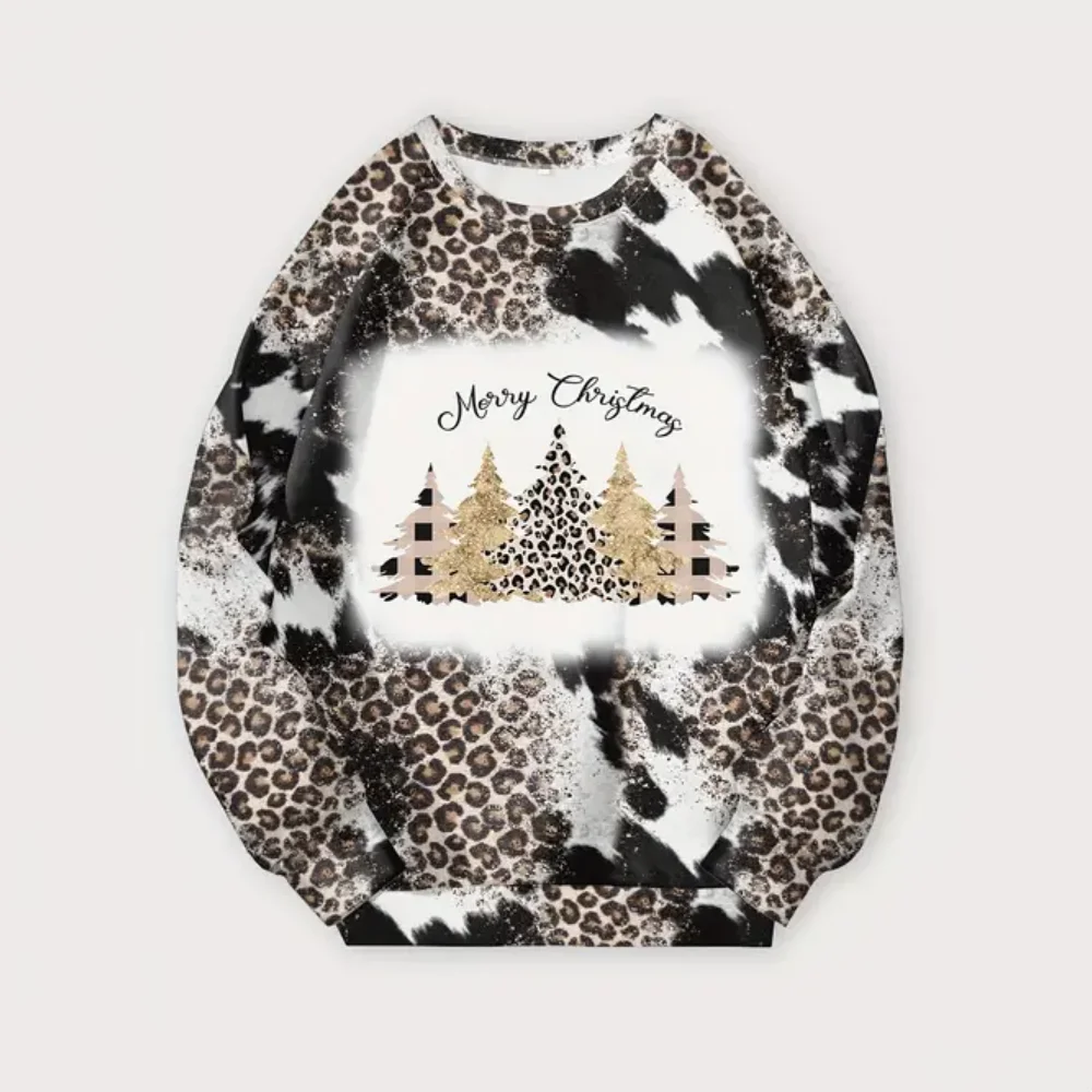 Fashion Leopard Women's Clothing Autumn Round Neck Long Sleeved 3d Christmas Tree Party Hoodie Sportswear Casual Plus Size Top