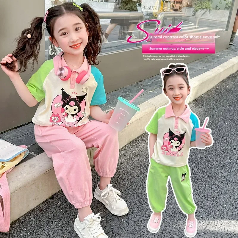 

New Anime Sanrio Cartoon Kuromi Contrast Color Short Sleeve Suit Lapel Cardigan Cotton Short-sleeved Tops Trousers Girl Kid Gift