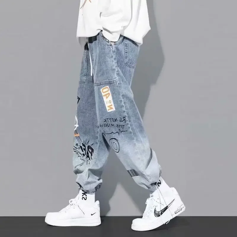 Men Streetwear Pattern Printed High Waist Adjustable Leg Straight Denim Jeans Pants