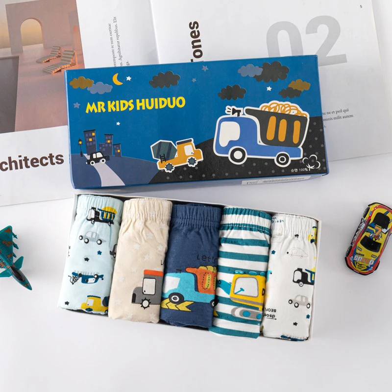 5-Piece Set of Children Cotton Underwear Comfortable Breathable Elastic Daily Boys Briefs Car Pattern Kids Triangle Underwear
