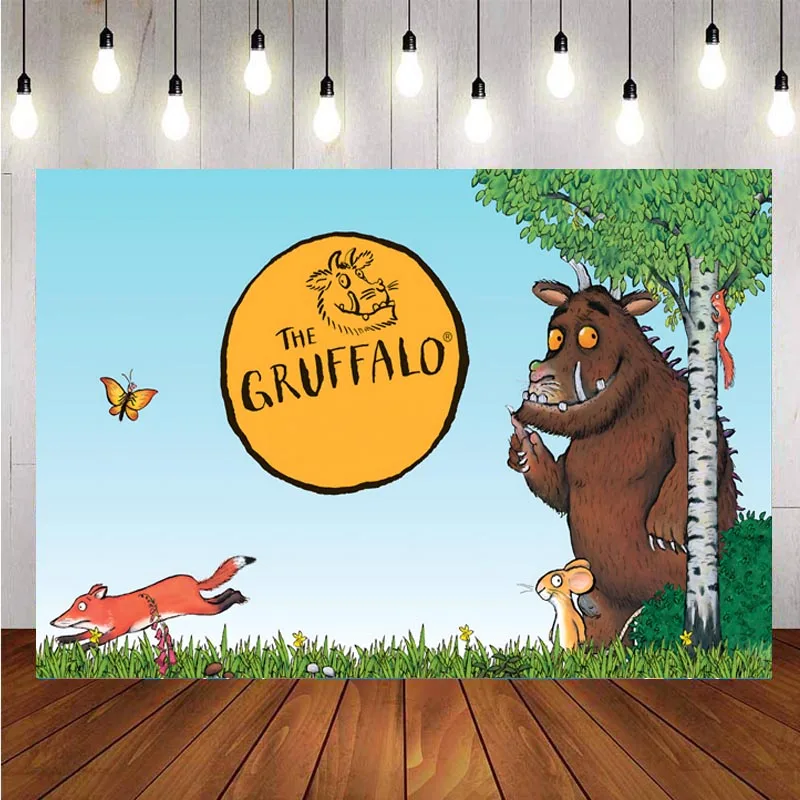 Fondo Gruffalo de animales del bosque, cartel de fiesta de cumpleaños, oso personalizado, accesorios para fotomatón