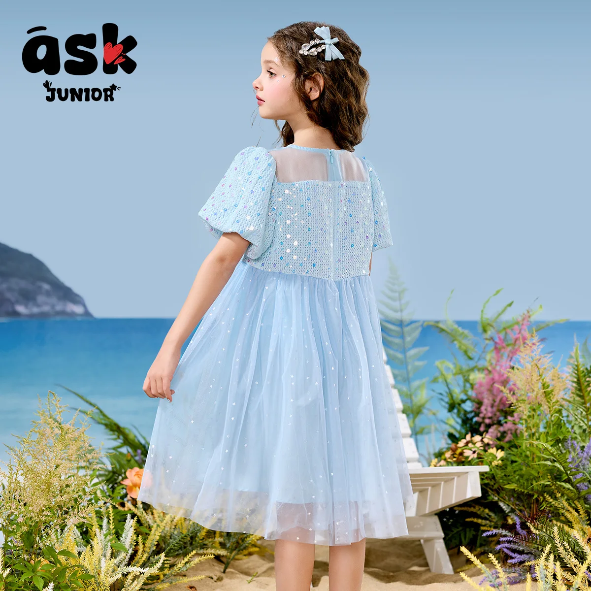 فستان الأميرة الصيفي للفتيات الصغيرات ذو الأكمام الشبكية المنفوشة بالترتر #3