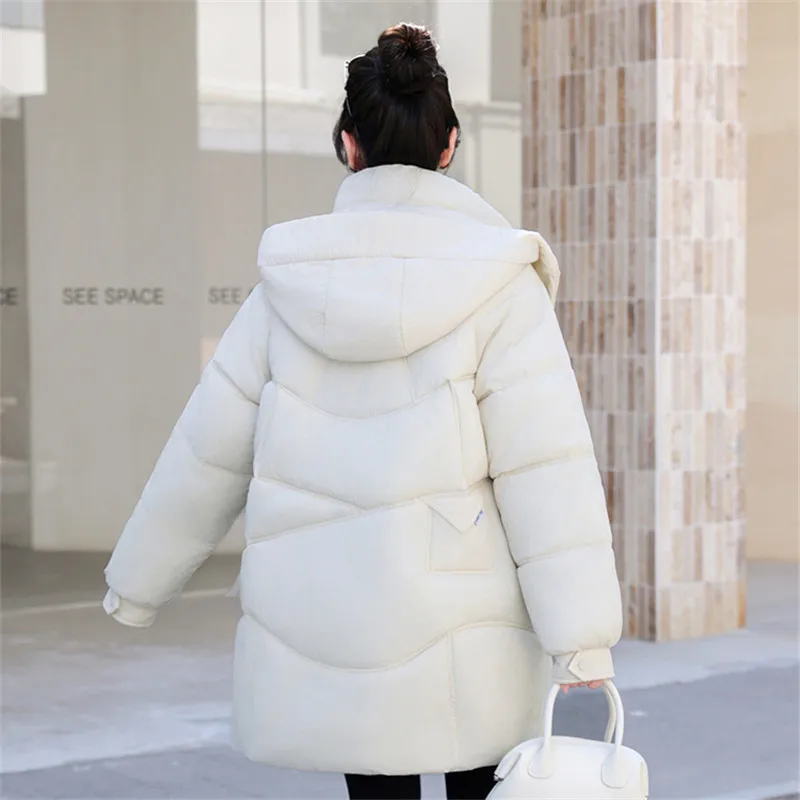 Cotton Down Coat for Women Warm Jacket Medium Style Parkas Large Size Loose Outwear Hooded Padded Overcoat Winter New 2024