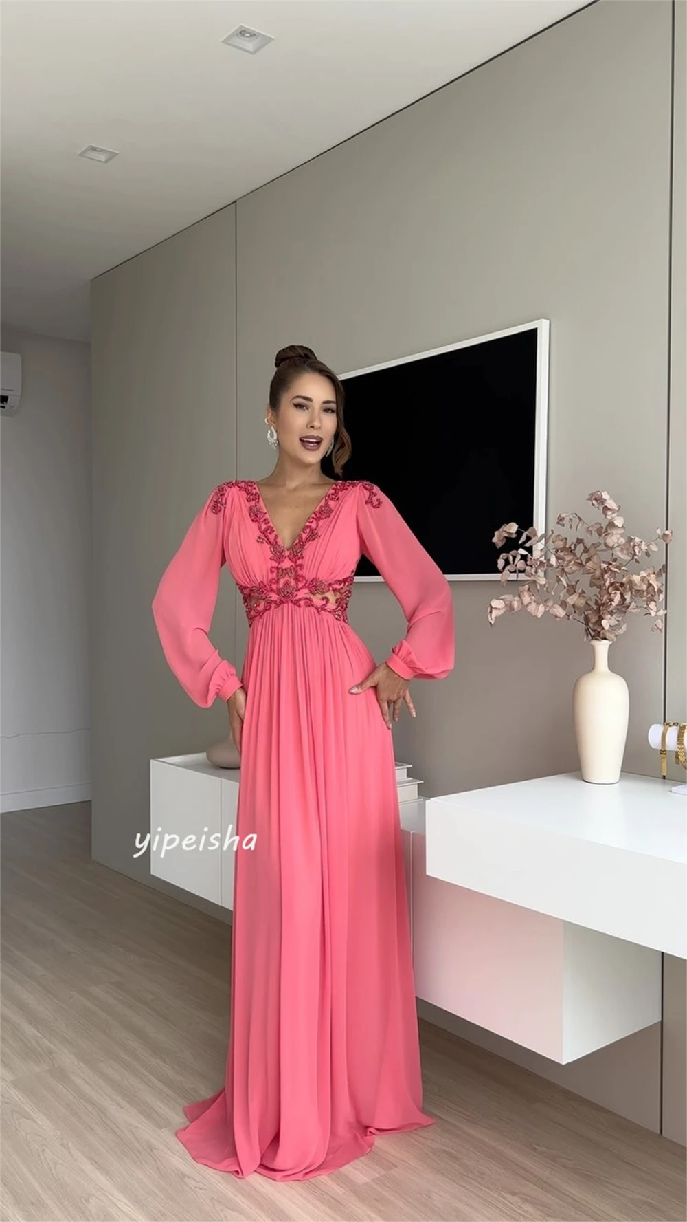 Jiayigong High Quality  Evening Chiffon Beading Draped Pleat Celebrity A-line V-Neck Bespoke Occasion Gown Long Dresses