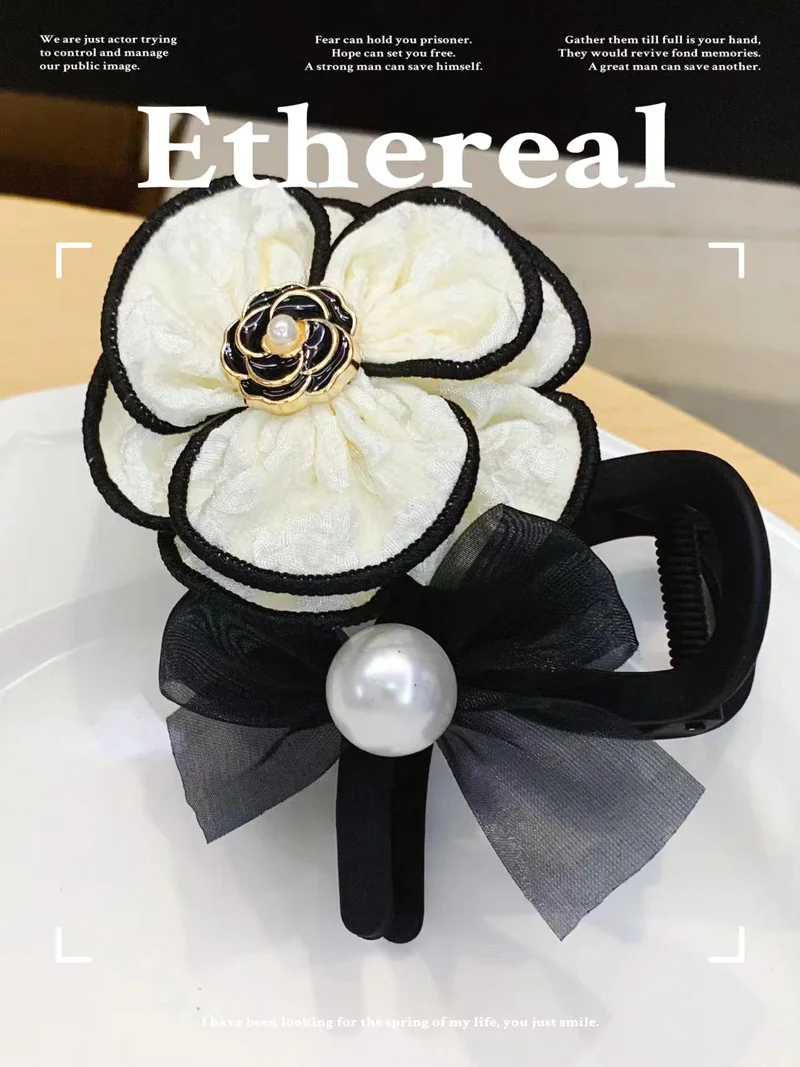 Korean Hair Accessories Camellia Fabric Flower Chiffon Butterfly Knot Elegant Women\'s Banana Clip Vertical Clip Hairpin