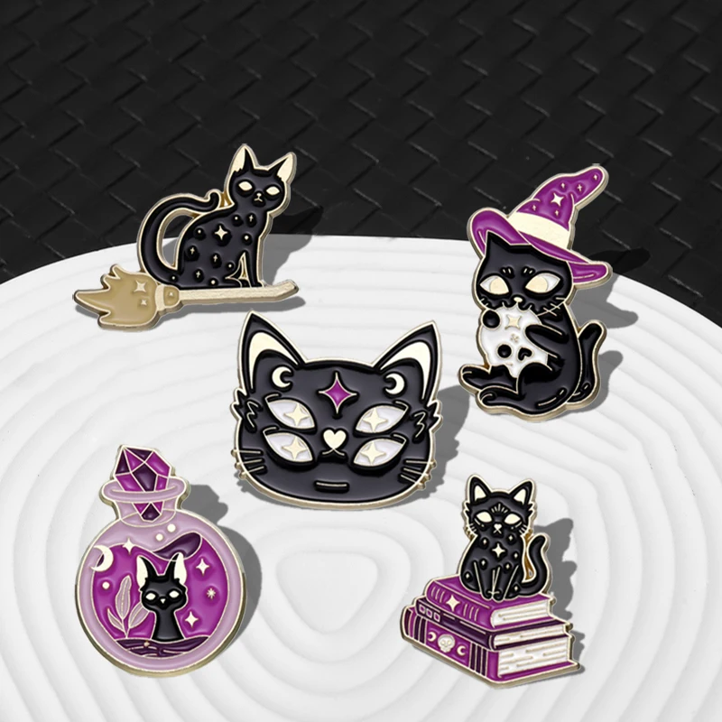 Witch Cats Enamel Pins Custom Black Kitten Spell Book Magic Potion Brooches Lapel Badges Gothic Animal Jewelry Gift for Friends