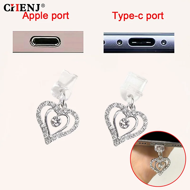 Shiny Heart Shape Diamond Mobile Phone Charging Port Dust Plug DIY Dust-Proof Charger Port Plug Protector