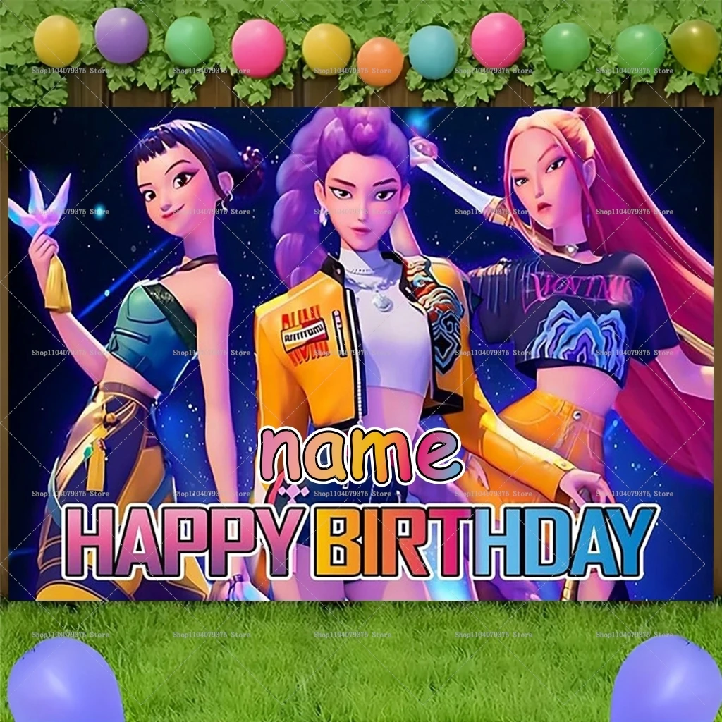 Pancarta personalizada de feliz cumpleaños para fiestas de KPop Demon Hunters, adecuada para fiestas de cumpleaños, decoraciones para celebraciones en habitaciones de niños y niñas.