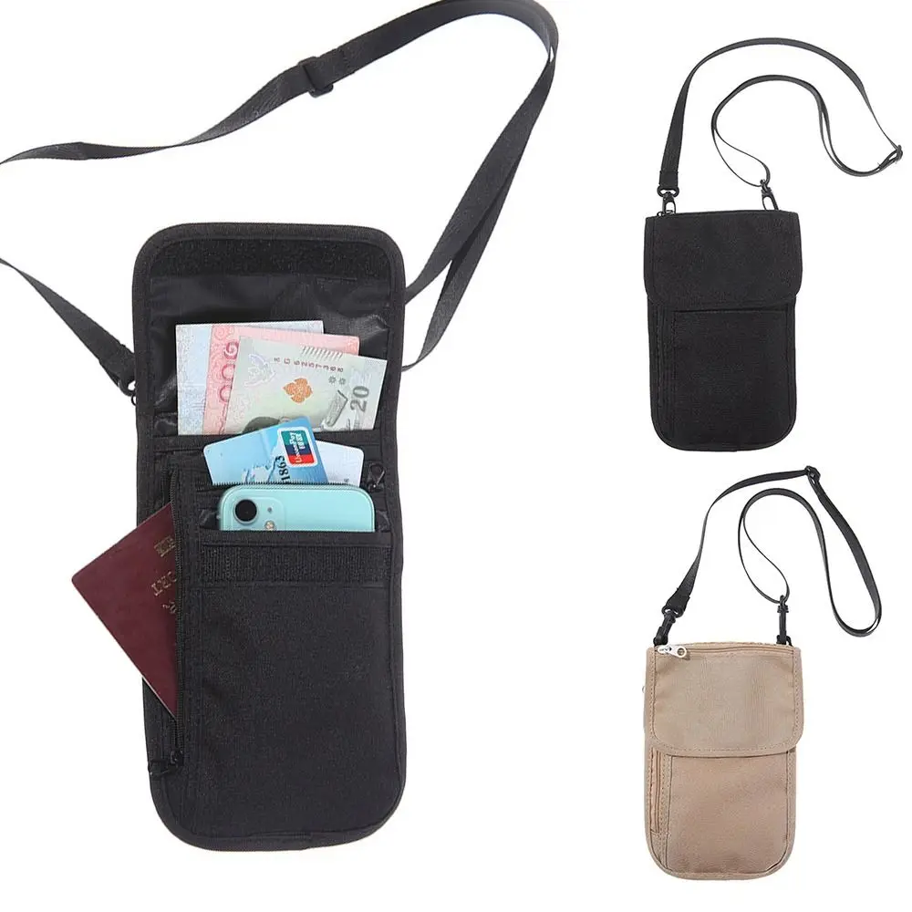 Khaiki Black Hanging Passport Bag Waterproof Nylon Personal Certificate Bag Protection Adjustable Belt Ticket Holder Unisex