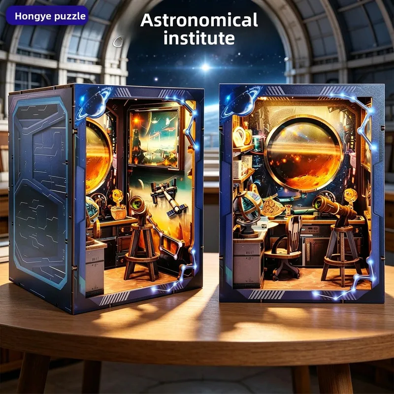 astronomy research institute diy book stand 3d three dimensional puzzle miniature scene model wooden with light educational home