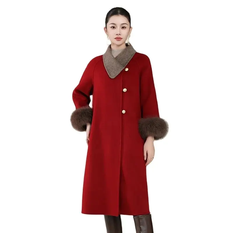 High-End Fur Sleeve Women\'s Coat Autumn and Winter New Double-Sided Woolen 100% Pure Wool Coat Fashion Elegant Women\'s Clothing