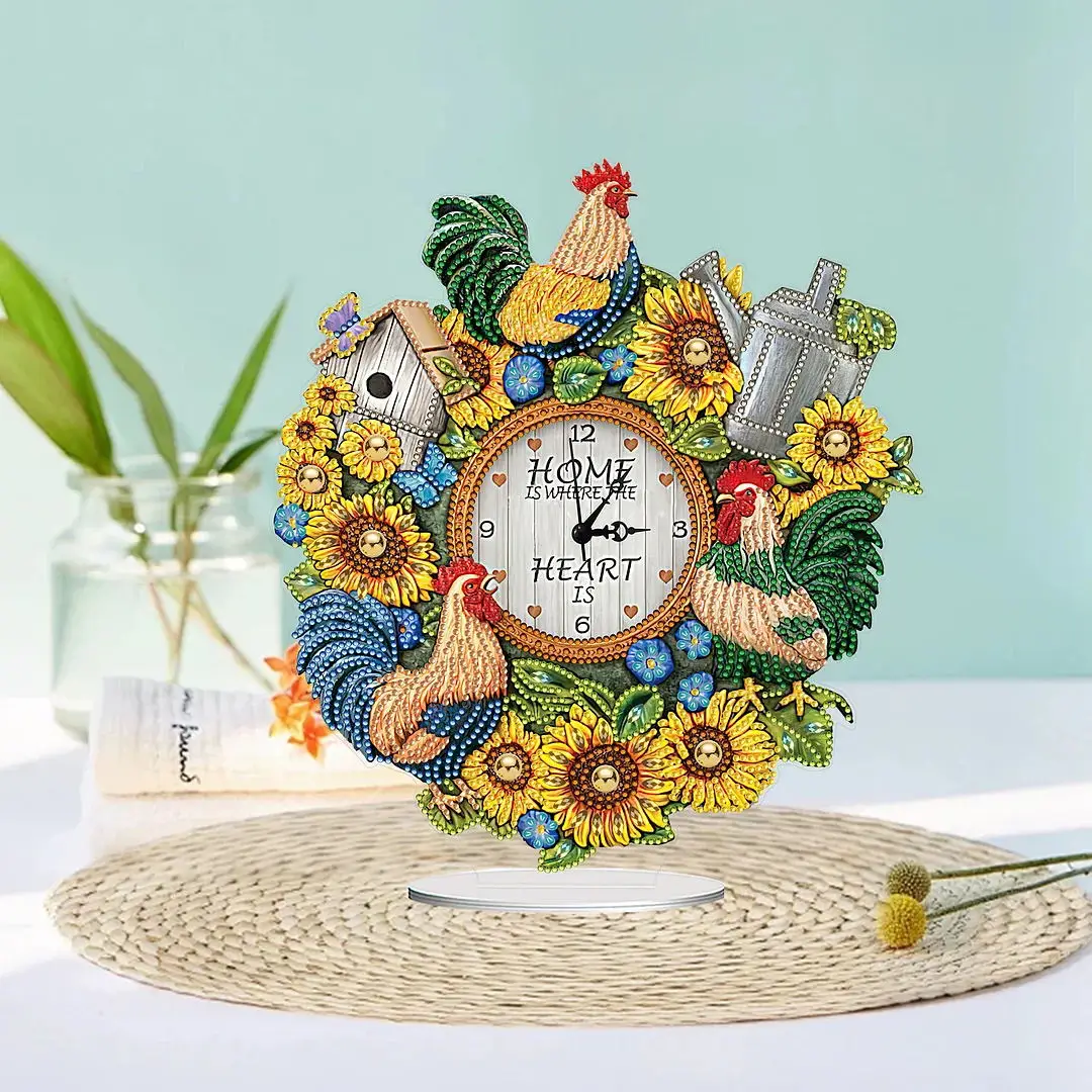 HOMFUN 5D DIY Special Shape Diamond Painting Desk Ornament Crystal Handmade Clock Kit Sunflower Rooster Embroidery Home Decor - view 4