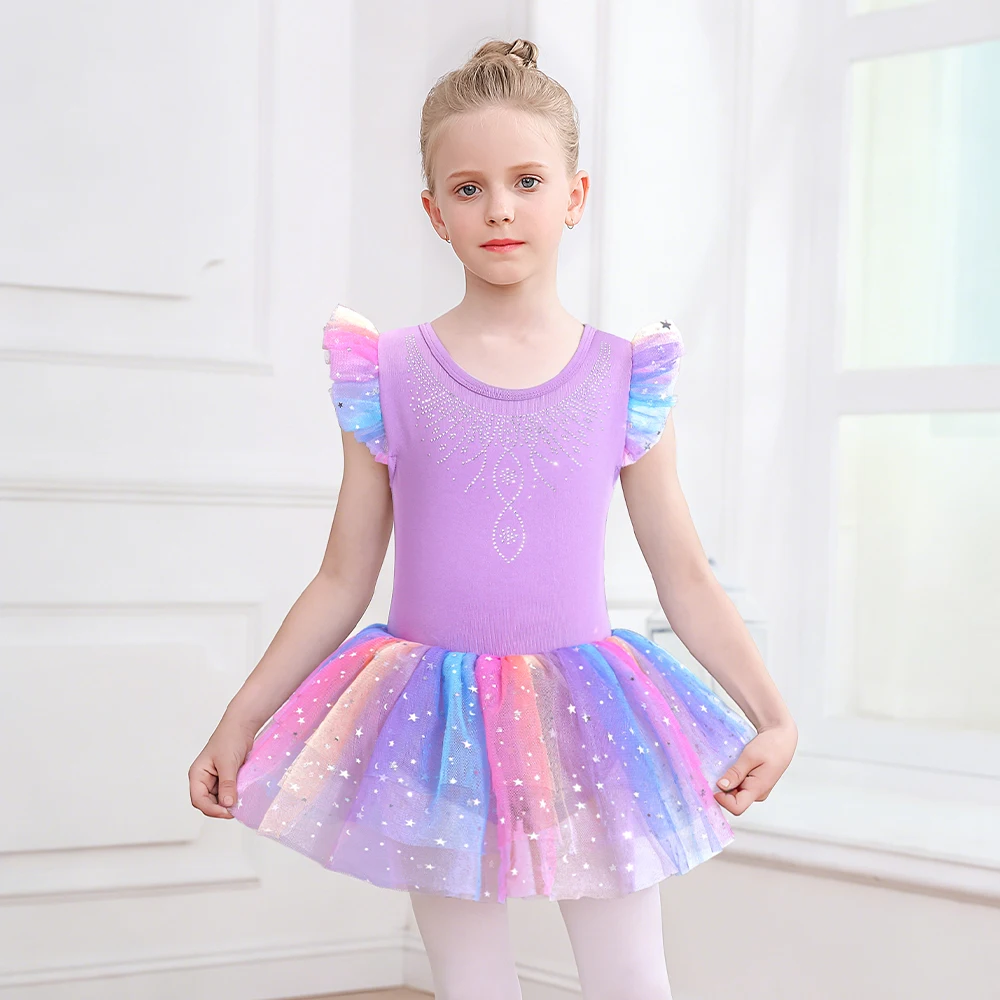 Justaucorps de ballet pour filles à manches volantées, robe de danse tutu, justaucorps scintillant, tenue de ballerine pour scène