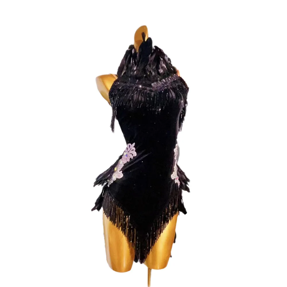 Abito da ballo latino per bambini adulti AB Stone High-End personalizzato Piuma nera Cha Tango Abbigliamento professionale da donna