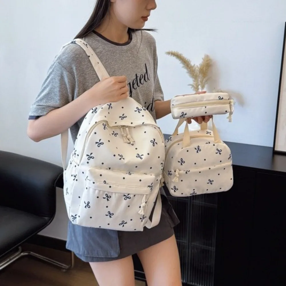 Daypack Three-piece School Bag Set with Pen Bag Handbag Nylon Bow Backpack Durable Scratch Prevention Students School Bag