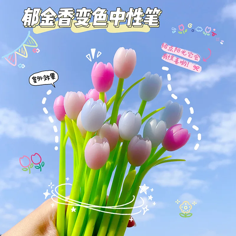12 Pcs Creative Color Changing Tulip Silicone Black Neutral Pen Small Fresh Cute Student Gift Exam Writing Supplies