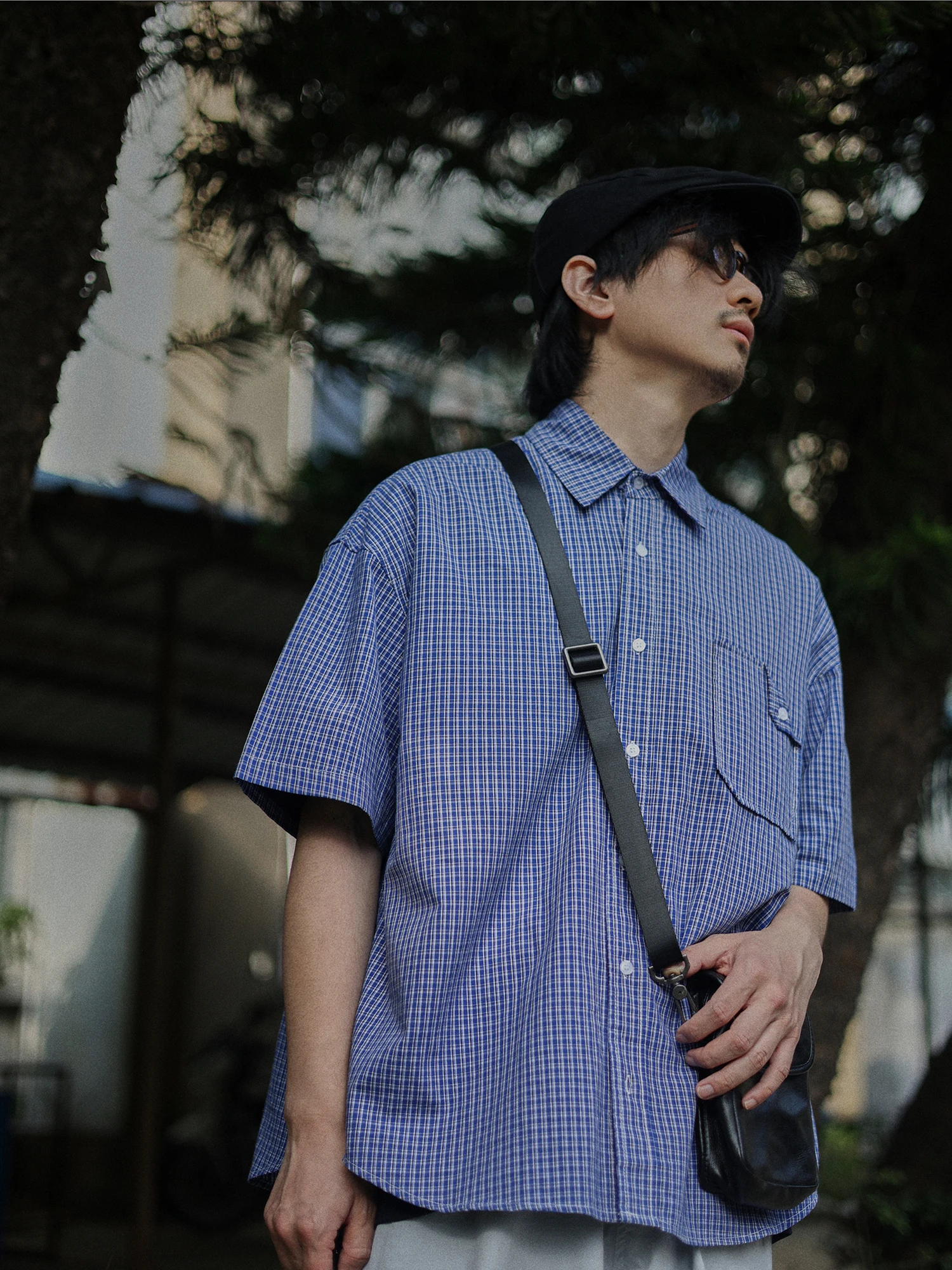 

Loose Blue Plaid Short Sleeve Men's Shirt Casual Style Breathable Cotton Summer T-Shirt Artistic College Boyfriend Wind
