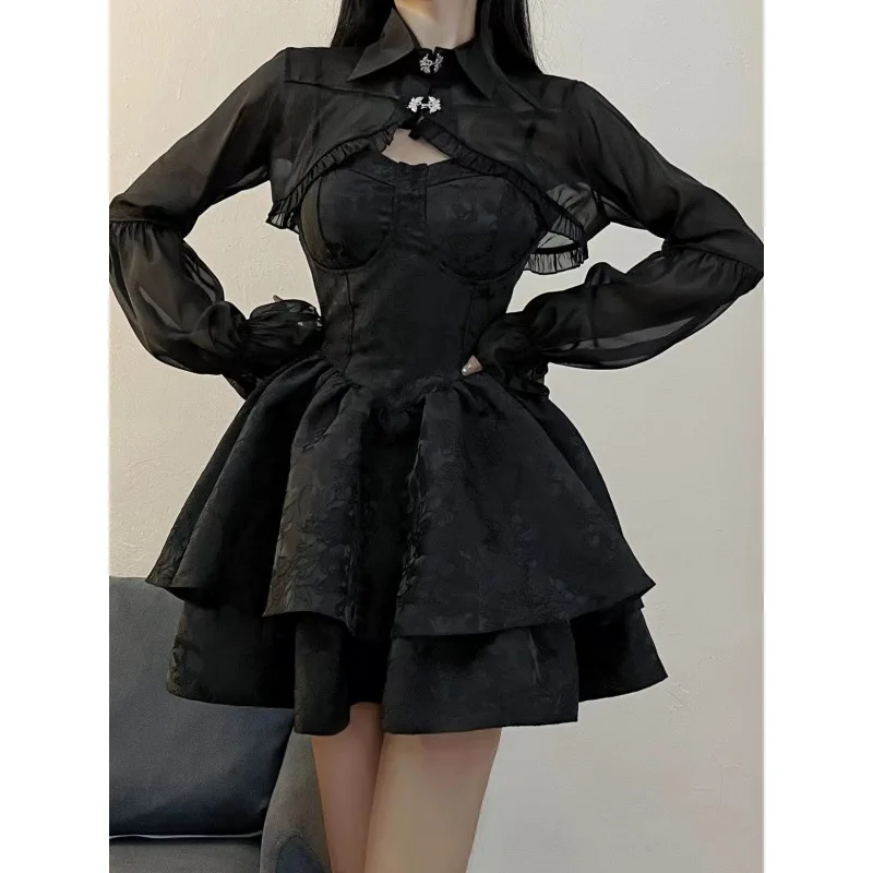 

Black Lace Sexy Gothic Shrug Cardigan Mini Tops Vintage Dark Magic Flare Sleeve Blouse Women Halloween Dress