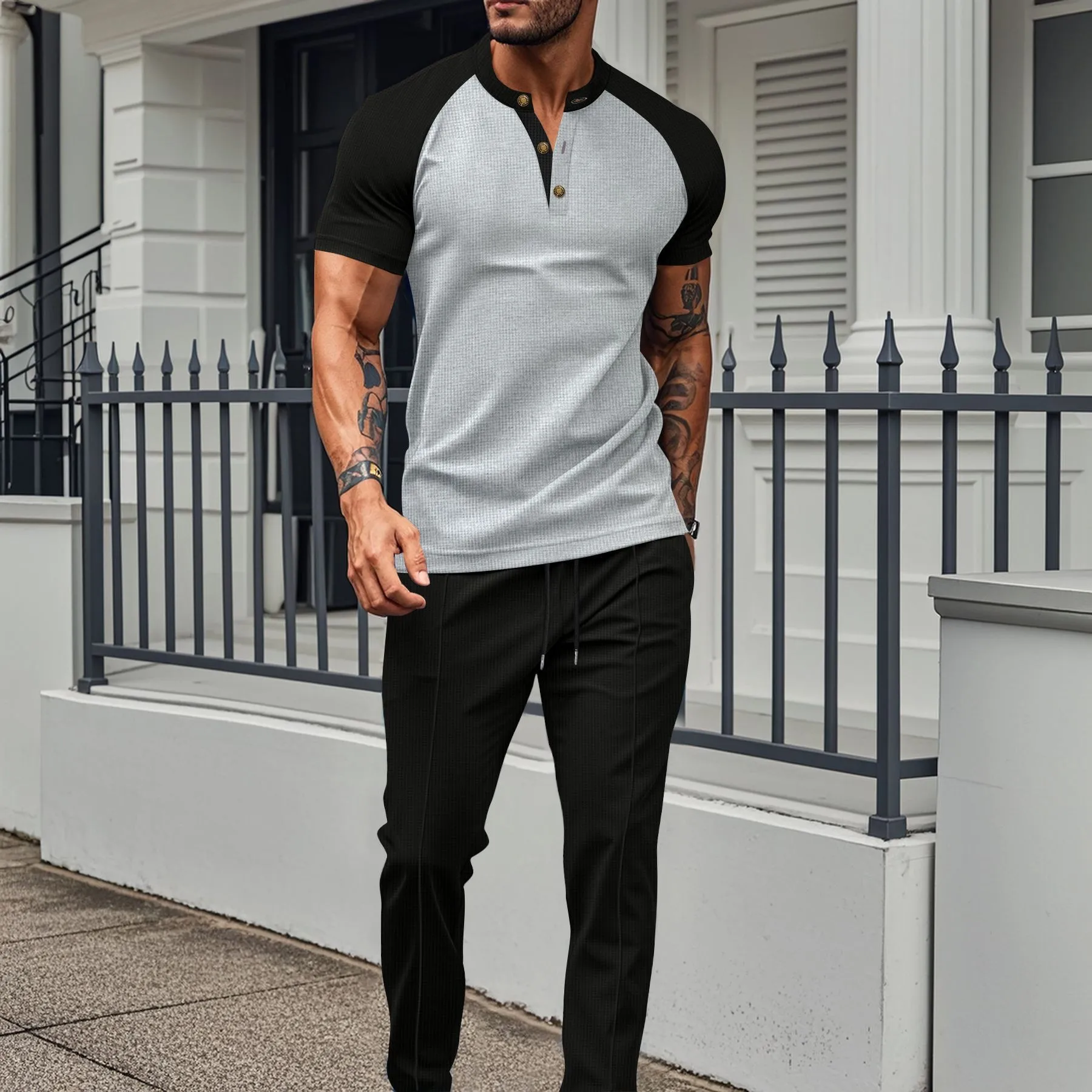 Cross-border men's suit: European and American 2025 summer color-block casual crew-neck short-sleeve men's T-shirt and long pant