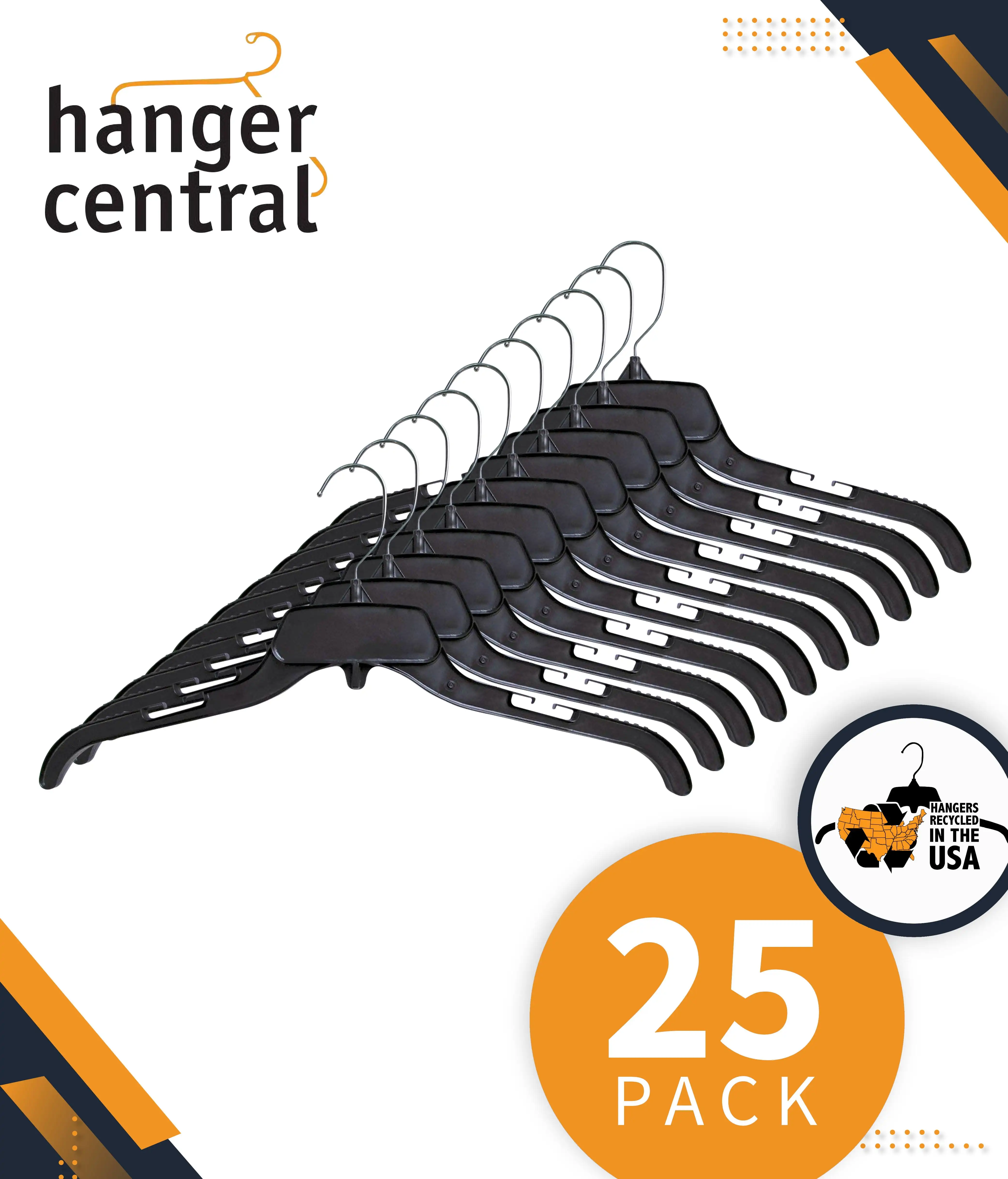 

Recycled Black Heavy Duty Plastic Shirt Hangers with Polished Metal Swivel Hooks, 19 In, 25 Pack