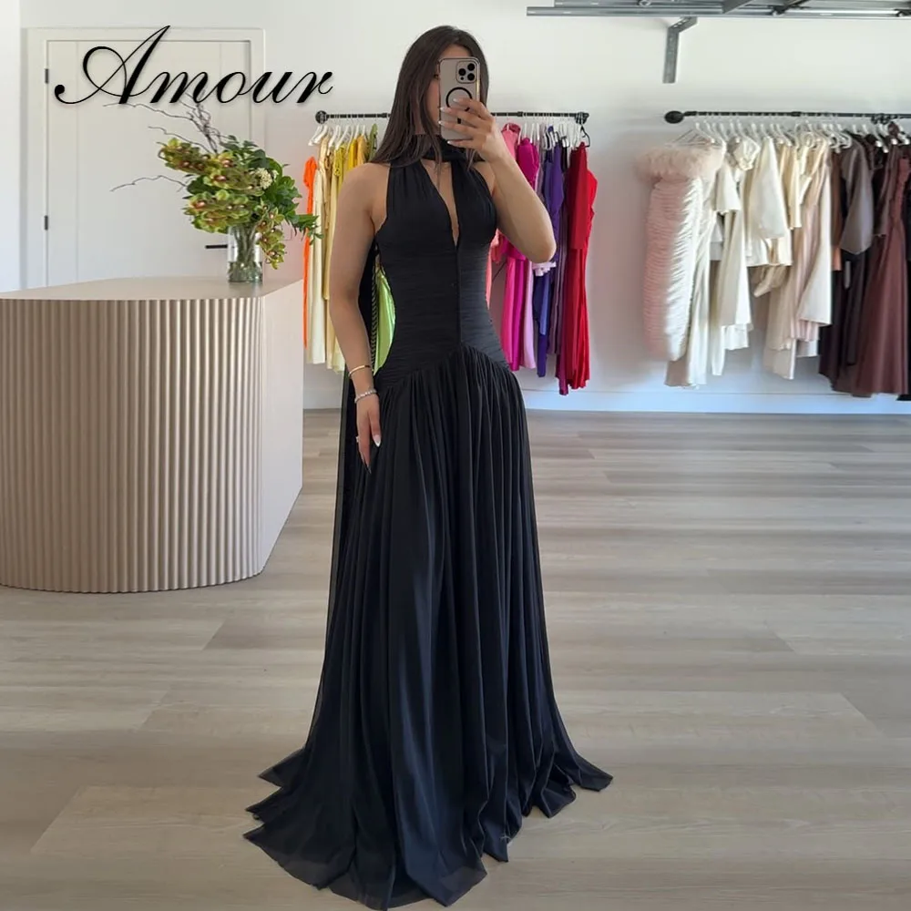 Amour Maßgeschneiderte sexy Abendkleider aus Satin für Damen, ärmellose Ballkleider mit V-Ausschnitt, saudi-arabische Ballkleider für formelle Anlässe