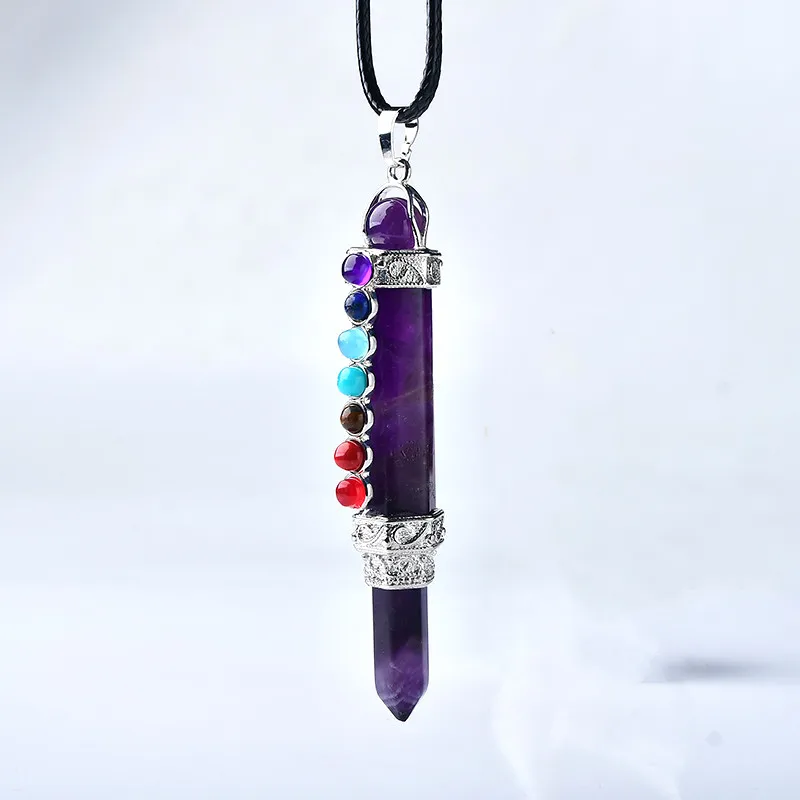 Seven Chakra Pendant Natural Stone Pencil Point Pendulum For Dowsing Wand Reiki Quartz Crystal Pendulo Meditation Spiritual Gift