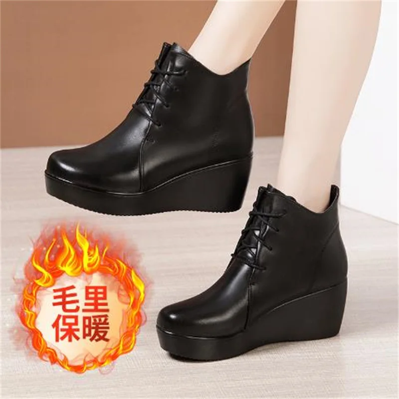 6cm Women\'s Ankle Boots Winter Leather Short Plush Warm Boots for Woman Platform Shoes Ladies Hidden Heel Ankle Boot Shoes 32 43