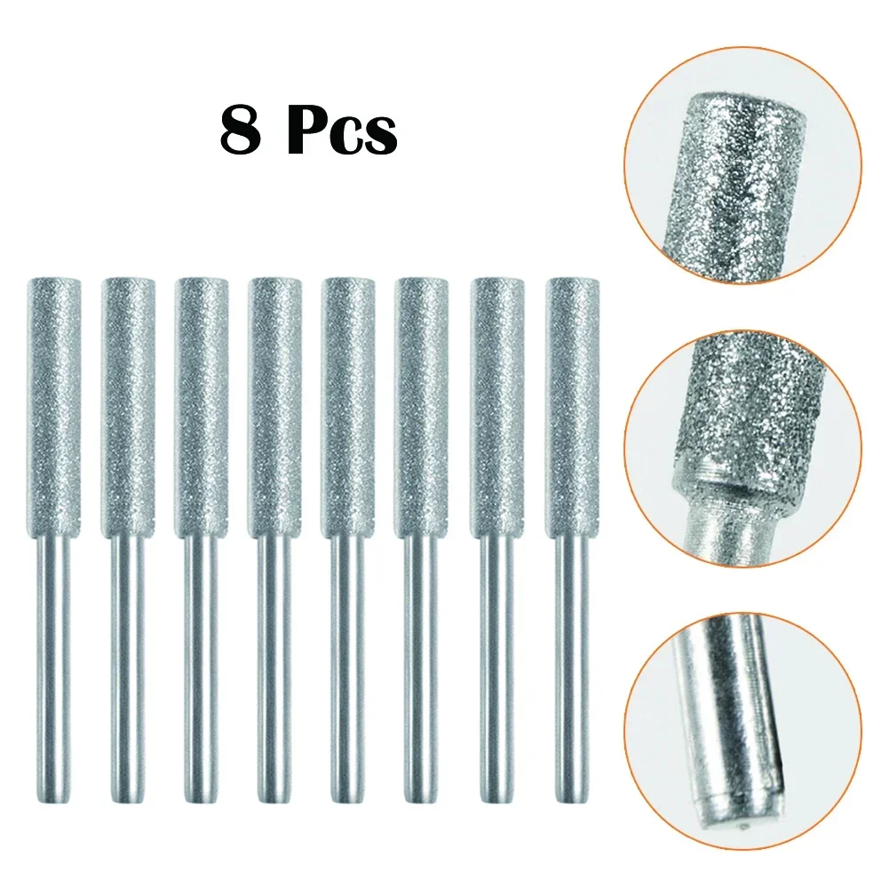 8pcs 4mm Diamond Coat Cylindrical Burr Drill Bit Stone Round File Fits Diamond Grinding Rod Mill Rotary File Carving Tool