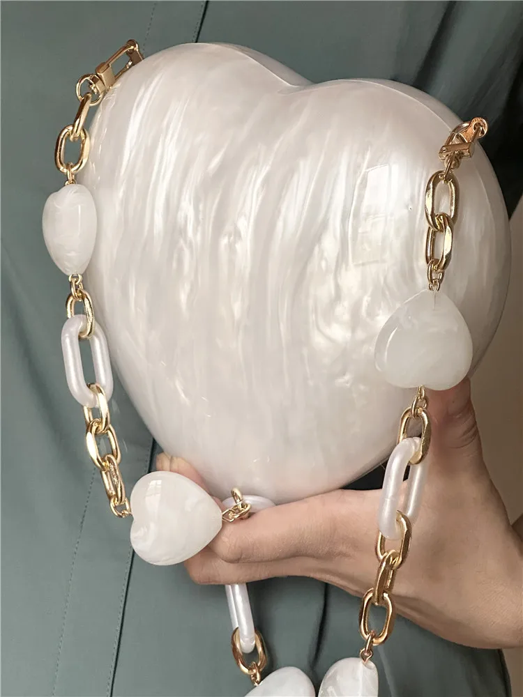 Women Acrylic heart bag cute pearl Evening Clutch Bag with strap For Wedding Party Luxury Purses And Handbags Designer