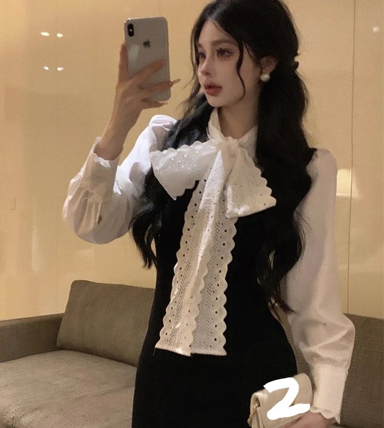 Lolita Sweet Bow Wit overhemd met lange mouwen Dames herfst en winter Frans los en chic Leeftijdverminderend Mode Veelzijdige top