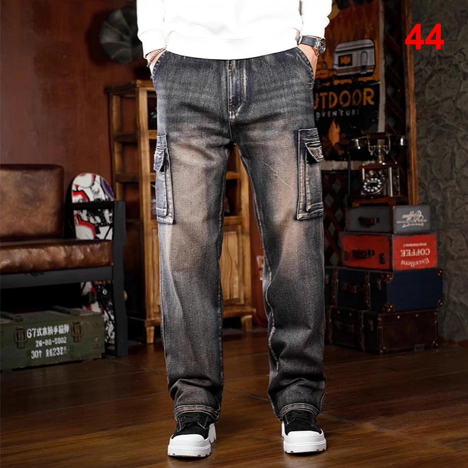 Vintage Moto Biker Jeans Men 44 Plus Size Multi-pocket Cargo Denim Pants Fashion Casual Baggy Jeans Straight Pants Big Size