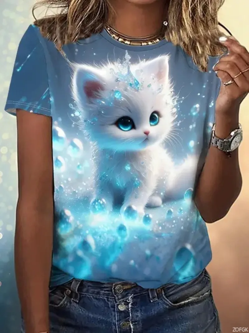 

Casual O-Neck Short Sleeve T Shirt Harajuku Y2k Tees Tops Female Clothing Summer Cute Cat Graphic Flower 3D Print T-Shirts Women