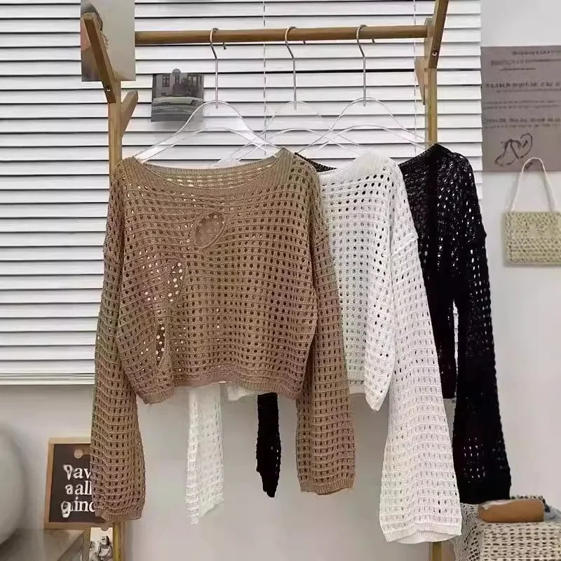 Blouses Croptop for Women Girls Sunscreen Design Sense Long Sleeve Hollow Thin 2025 Sunscreen Shirt Women's Summer Short Top