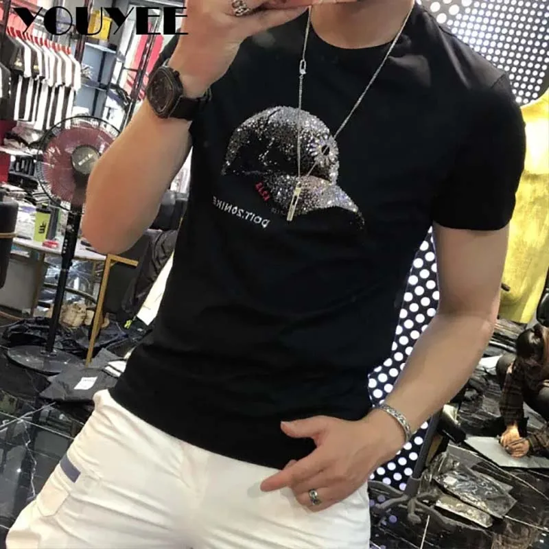 Men T-shirt Summer Rhinestones Pattern Short Sleeve Fashion Man Streetwear Hot Drill Casual Multiple Colors Plus Size 4xl Top