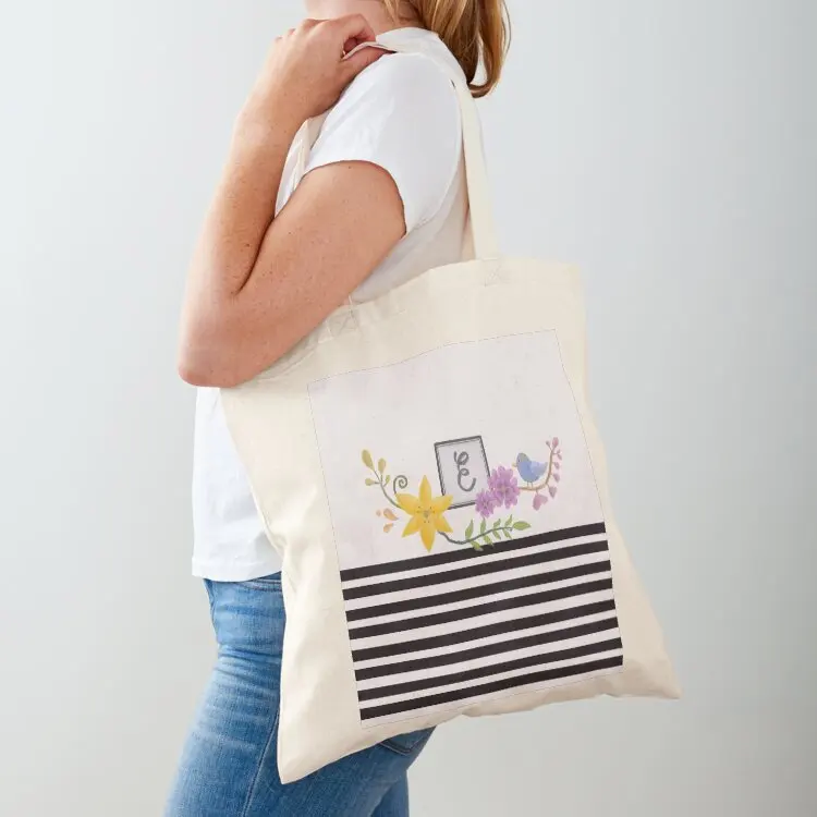 

Letter E with flowers, bird, and stripes Tote Bag Large bags for women tote bag custom fabric bag bags for women