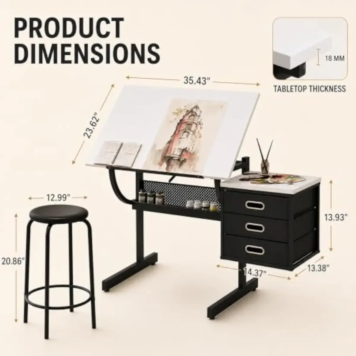 Adjustable Drafting Desk with Tilt Function 0-75 Degrees Modern Black and White Design Engineered Wood Top Sturdy Steel Frame In