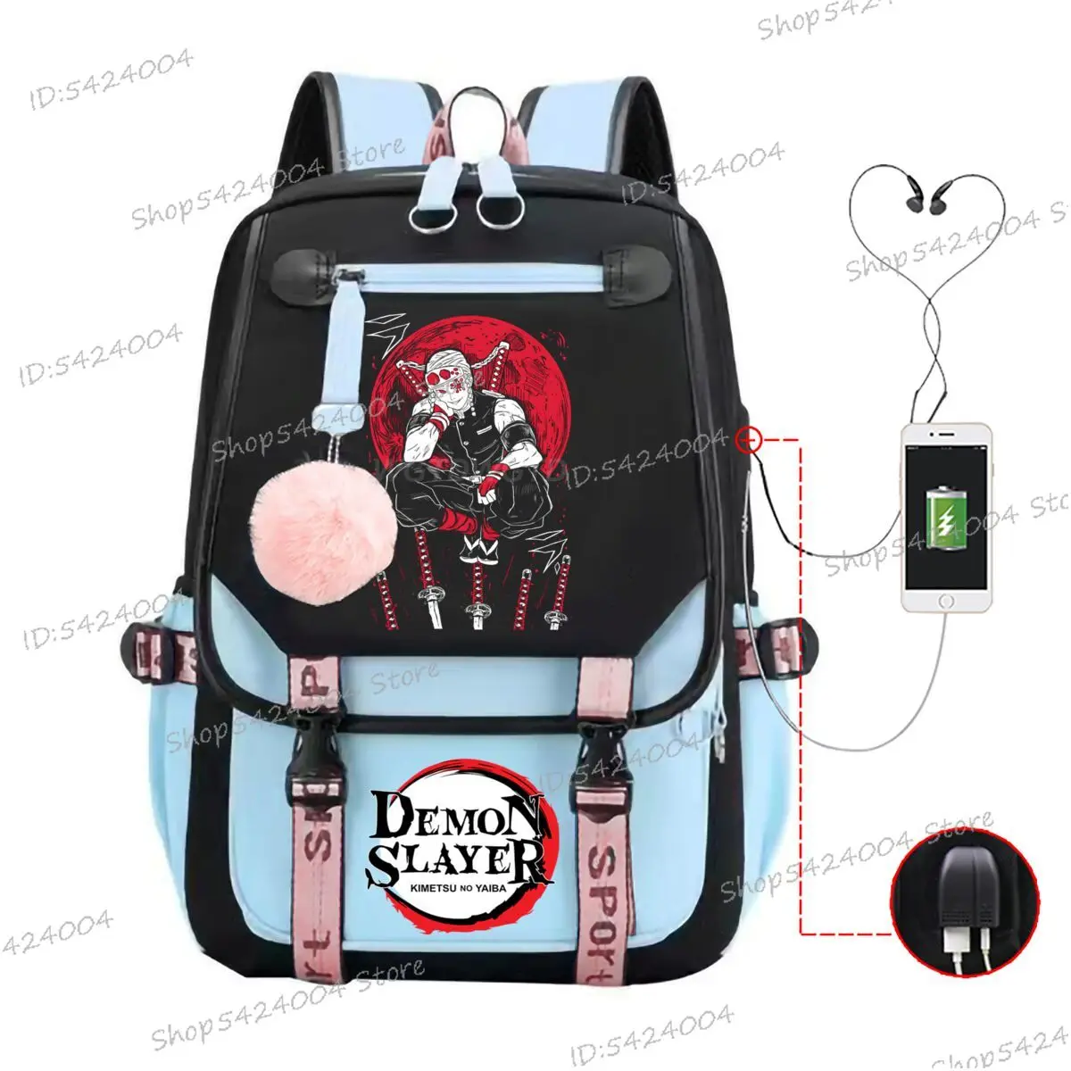 Anime Demon Slayer Unisex Schoolbag Uzui Tengen Print Boys Girls Large Capacity Casual Backpack Middle High Student Bagpack